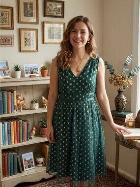 Stunning Forest Green with Gold Polka Dot V-Neck Sleeveless Dress